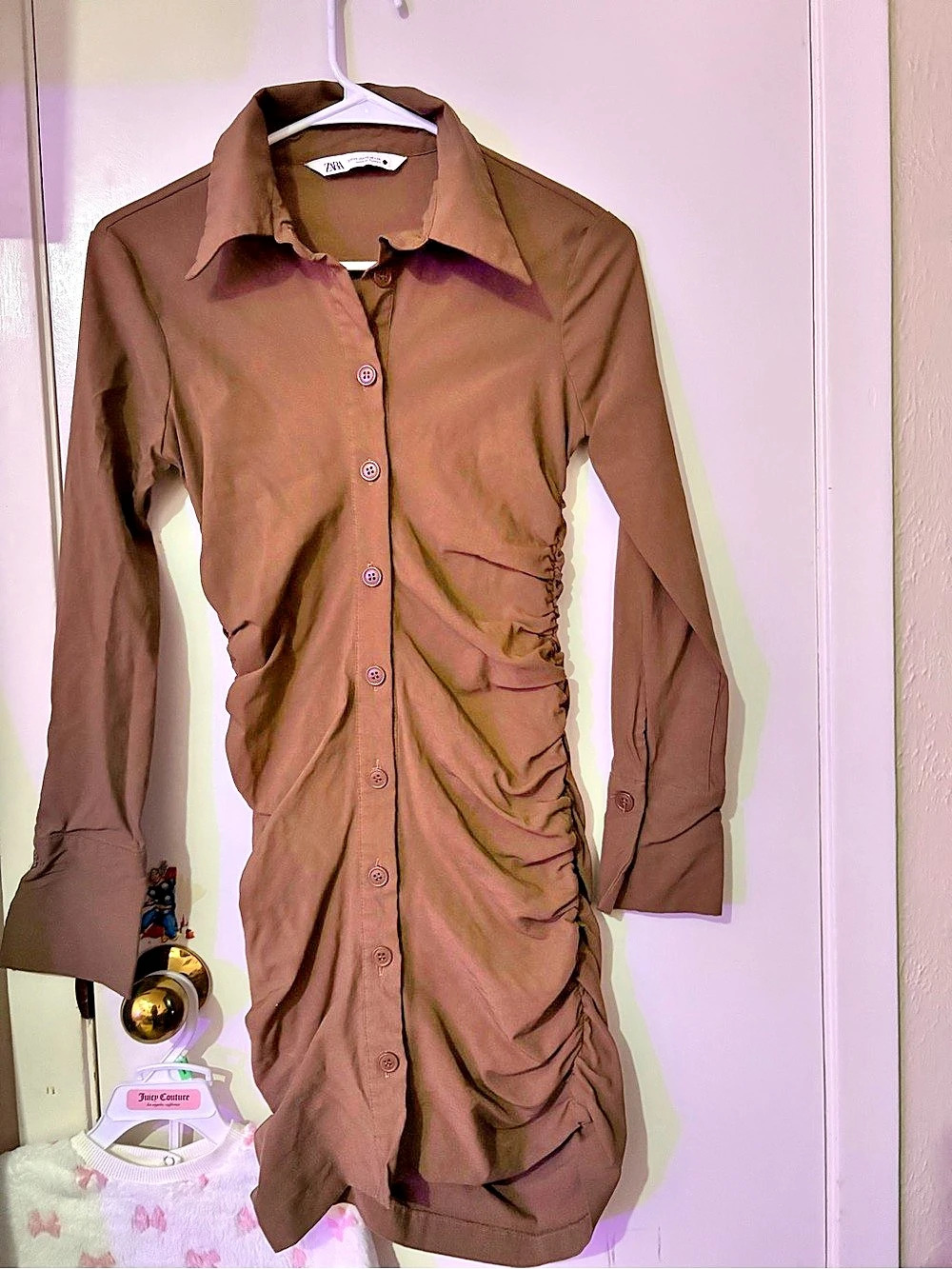 Zara Ruched Button Front Mini Dress in Brown Size Medium Like New